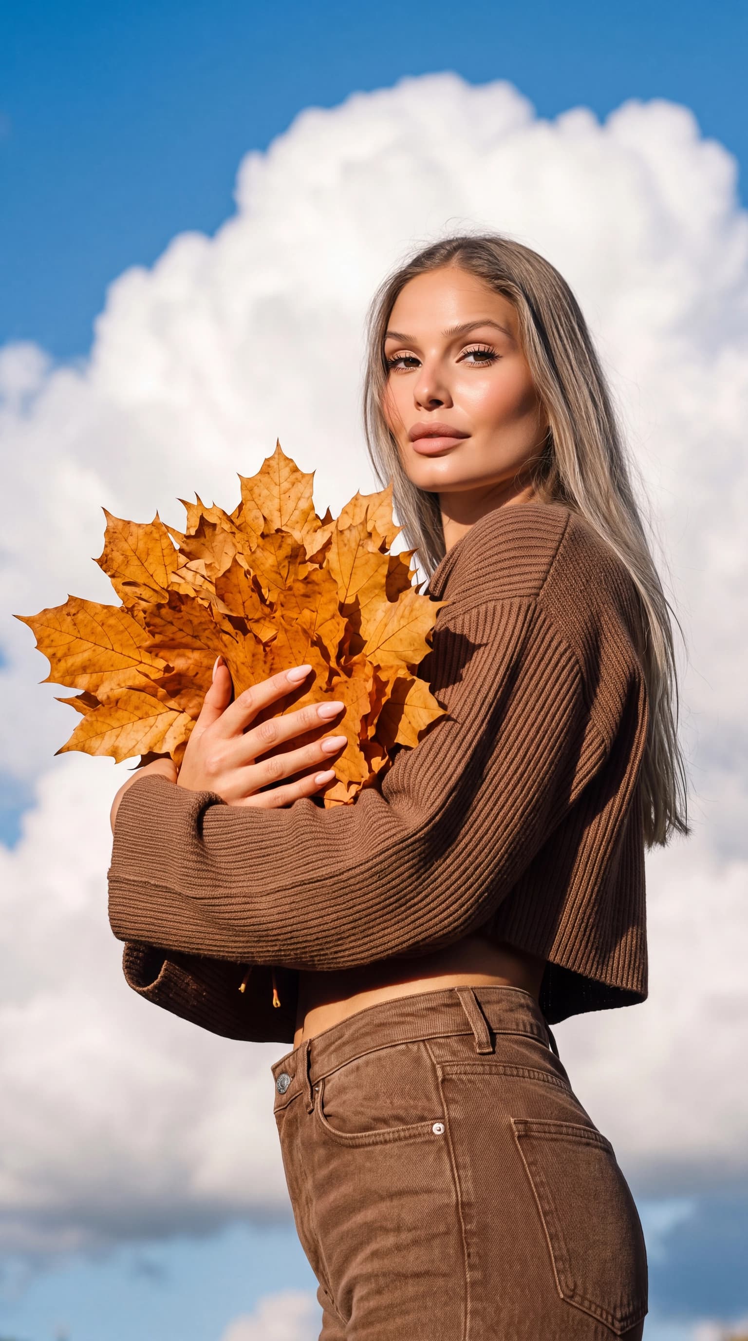 Autumn in Your Hands, a ReCrea catalog portrait with a brown sweater and a bunch of golden maple leaves
