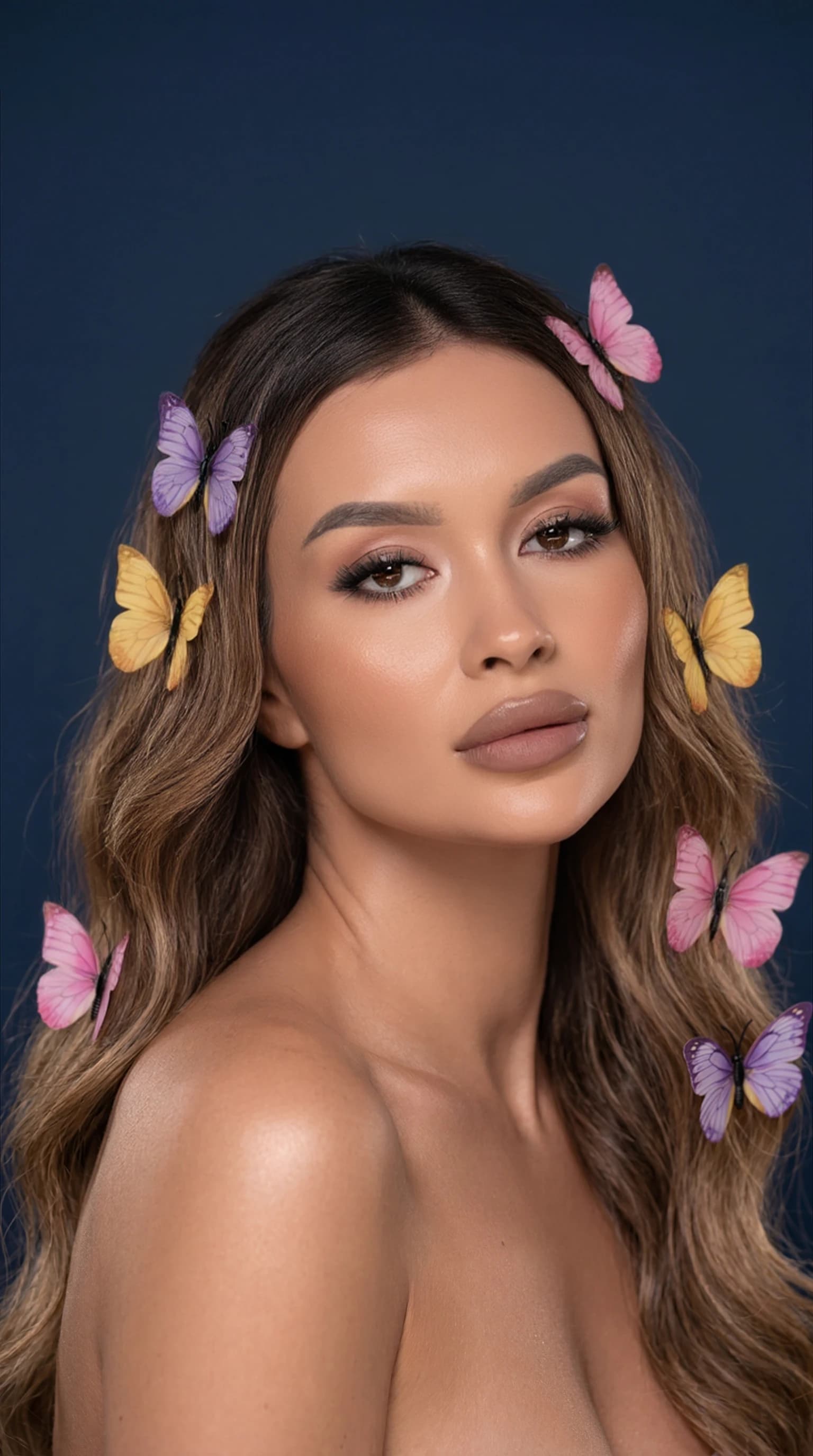 A ReCrea portrait with colorful butterflies in the hair for a distinctive avatar