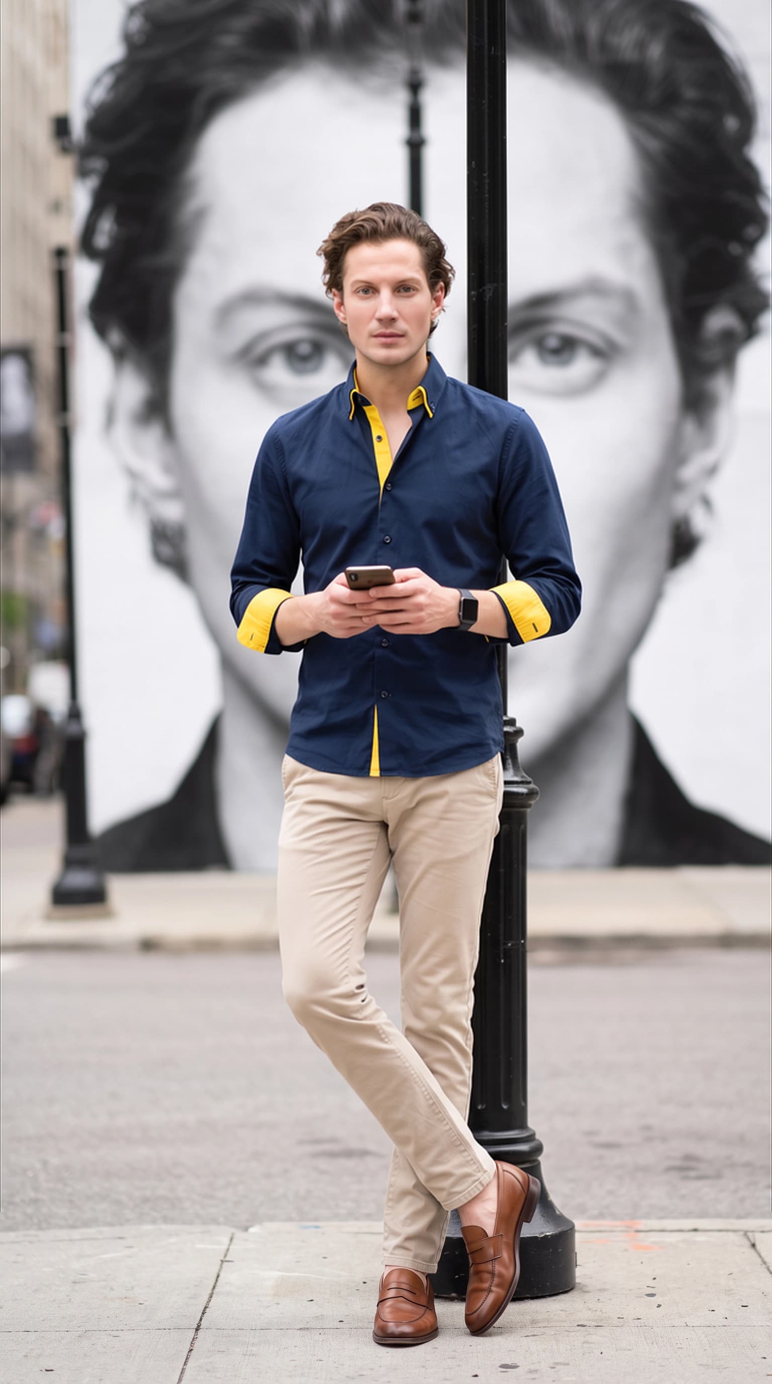 City at Your Own Pace from the ReCrea catalog: a man in a blue shirt with yellow accents and beige trousers beside a street lamp