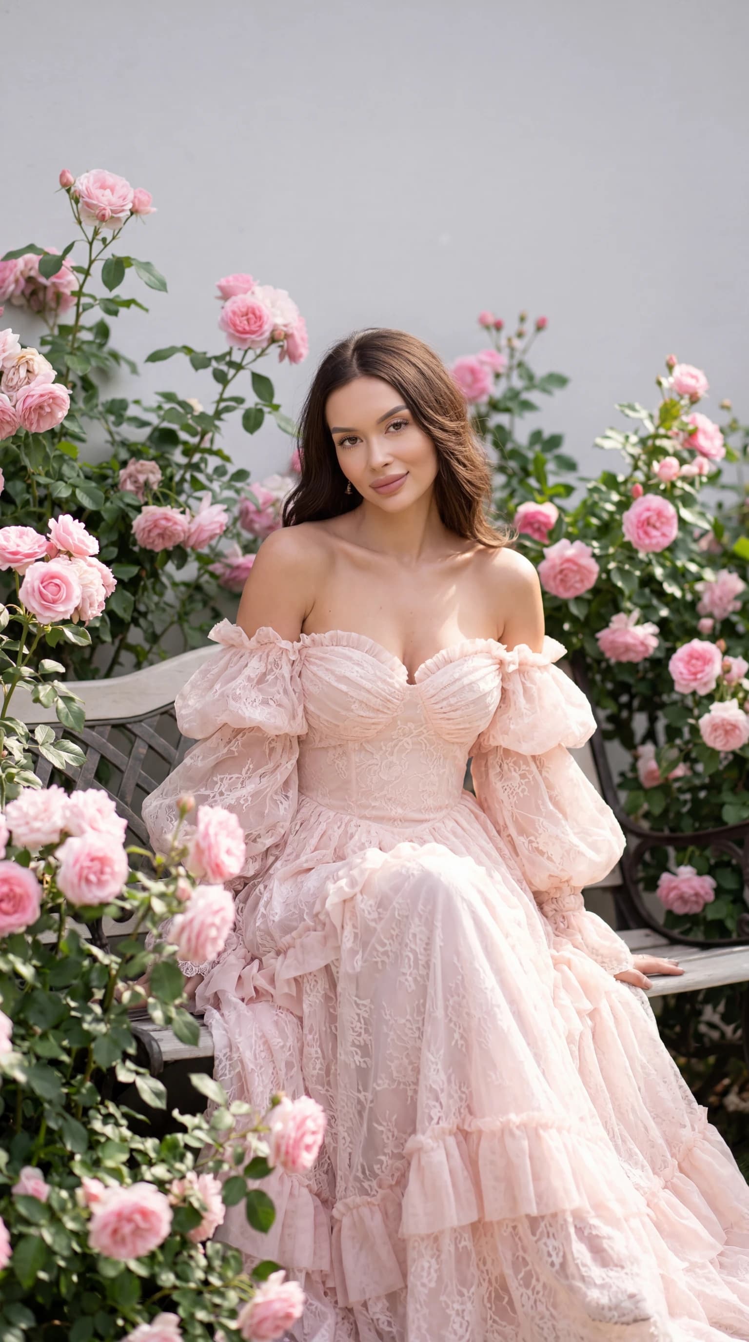 Vintage Rose Garden from the ReCrea catalog: a woman in a pink lace dress seated among roses